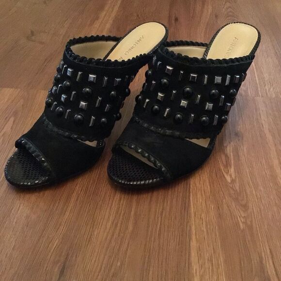 ANTONIO MELANI Black Leather Studded OPEN TOE High Heel MULES Dress SHOES - Picture 1 of 7